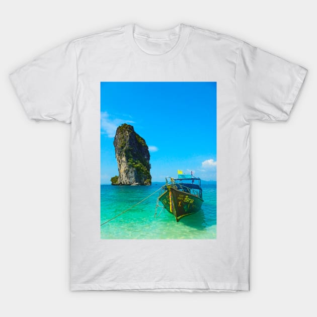 Karst Tower and Long-Tailed Boat, Railay Beach T-Shirt by BrianPShaw